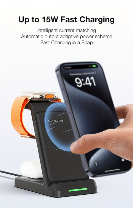 3-in-1 15W Fast Charging Station with Wireless Pad - Compatible with iPhone 16, 15, 14, 13, 12, 11, X, 8 Pro Max/Pro/Mini/Plus, iWatch Ultra10/9/8/7/6/5/4/3/2 SE, AirPods 4/3/2/Pro - Ideal for Business Gifts and Birthdays, Ai