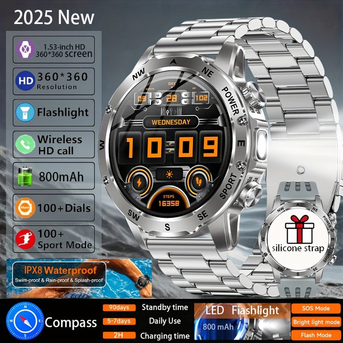 TKTKYY Men'S Outdoor Sports Smartwatch with 3.89cm HD Display, 800mAh Long Battery Life, Compass, 100+ Sports Modes, Flashlight, Wireless HD Calls, Pedometer, SMS Notifications - Compatible with for iphone & Android, Perfect