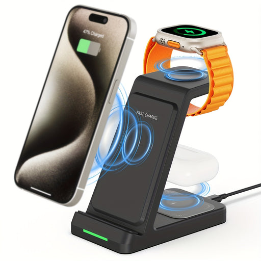 3-in-1 15W Fast Charging Station with Wireless Pad - Compatible with iPhone 16, 15, 14, 13, 12, 11, X, 8 Pro Max/Pro/Mini/Plus, iWatch Ultra10/9/8/7/6/5/4/3/2 SE, AirPods 4/3/2/Pro - Ideal for Business Gifts and Birthdays, Ai