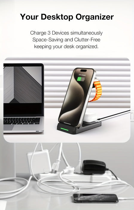 3-in-1 15W Fast Charging Station with Wireless Pad - Compatible with iPhone 16, 15, 14, 13, 12, 11, X, 8 Pro Max/Pro/Mini/Plus, iWatch Ultra10/9/8/7/6/5/4/3/2 SE, AirPods 4/3/2/Pro - Ideal for Business Gifts and Birthdays, Ai