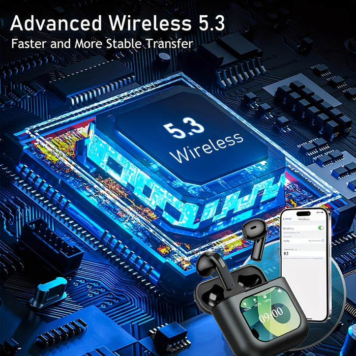 5.3 Multifunctional Touch Screen Earbuds Wireless Noise Cancelling Headphones, 8 Hours Playback Time, Smart Touch Charging Case with Built-in SD Card and MP3 Playback Function, Suitable for Running, Exercise, Travel