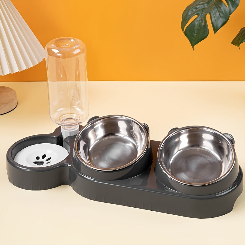 2-in-1 Pet Feeder and Water Dispenser, Stainless Steel & Plastic, Automatic Dual Bowl for Cats and Dogs, Easy Sloped Design, Durable Feeding Station