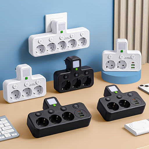 EU Plug Converter Socket with 5 Outlets, Multi-Port Wall Socket with Independent Switch and Small Night Light Adapter