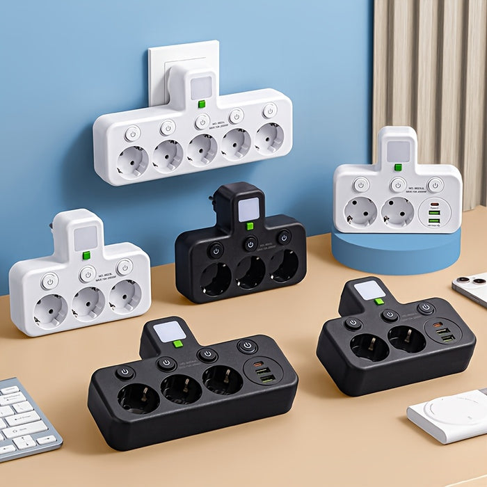 EU Plug Converter Socket with 5 Outlets, Multi-Port Wall Socket with Independent Switch and Small Night Light Adapter