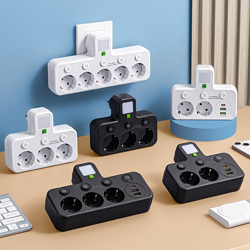 EU Plug Converter Socket with 5 Outlets, Multi-Port Wall Socket with Independent Switch and Small Night Light Adapter