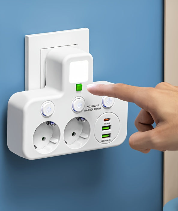 EU Plug Converter Socket with 5 Outlets, Multi-Port Wall Socket with Independent Switch and Small Night Light Adapter