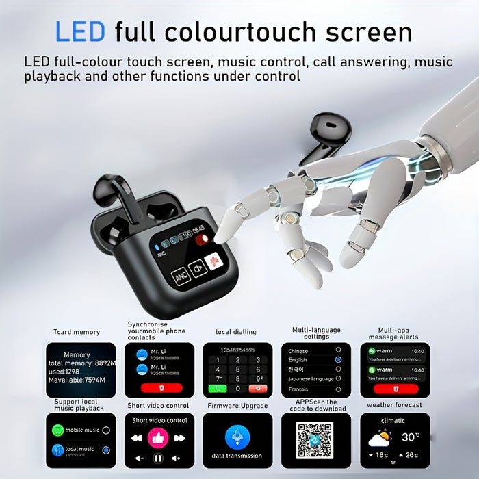 5.3 Multifunctional Touch Screen Earbuds Wireless Noise Cancelling Headphones, 8 Hours Playback Time, Smart Touch Charging Case with Built-in SD Card and MP3 Playback Function, Suitable for Running, Exercise, Travel