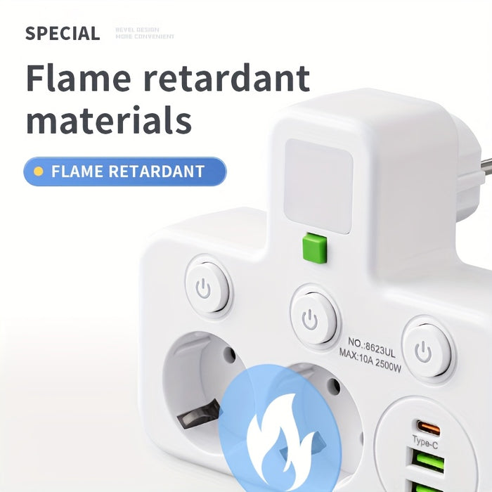 EU Plug Converter Socket with 5 Outlets, Multi-Port Wall Socket with Independent Switch and Small Night Light Adapter