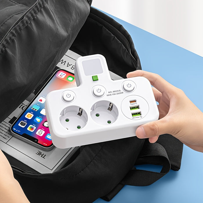 EU Plug Converter Socket with 5 Outlets, Multi-Port Wall Socket with Independent Switch and Small Night Light Adapter