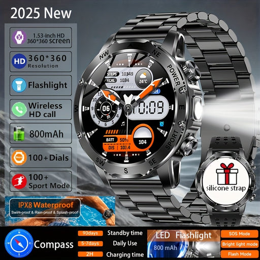 TKTKYY Men'S Outdoor Sports Smartwatch with 3.89cm HD Display, 800mAh Long Battery Life, Compass, 100+ Sports Modes, Flashlight, Wireless HD Calls, Pedometer, SMS Notifications - Compatible with for iphone & Android, Perfect