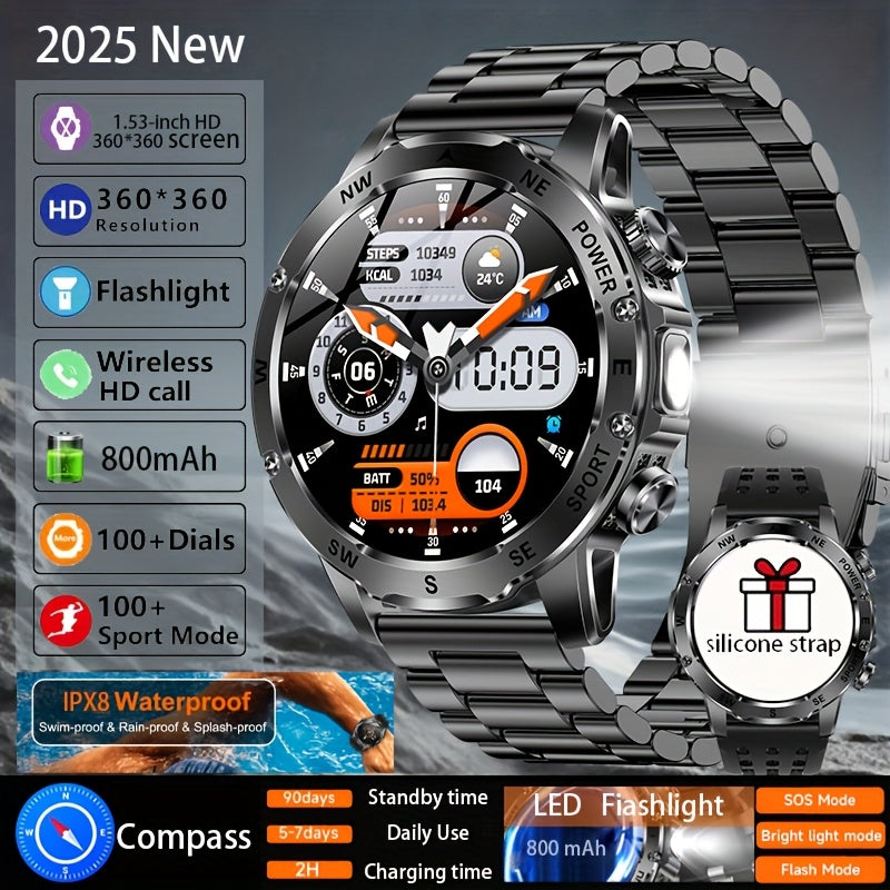 TKTKYY Men'S Outdoor Sports Smartwatch with 3.89cm HD Display, 800mAh Long Battery Life, Compass, 100+ Sports Modes, Flashlight, Wireless HD Calls, Pedometer, SMS Notifications - Compatible with for iphone & Android, Perfect