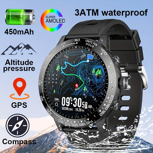Outdoor GPS Sports Watch, AMOLED Large-screen Men's Smartwatch, Fitness Watch, Compass Altitude and Air Pressure Measurement Outdoor Watch, Activity Tracker with Wireless Calling and Message Notification, 100+ sports modes, s