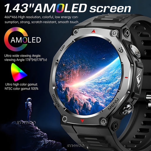 1.43" AMOLED Smartwatch - HD Resolution, 466 * 466 Pixels, 525mAh, High Quality, 5ATM, Multi-Sport Tracker, Music & Call Functionality, Supports Swimming And Diving Up to 50 meters, LED Flashlight Smart Watch for iPhone & for