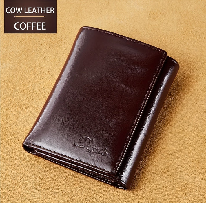 Vintage Oil Wax Layer Cowhide Men's Wallet, RFID Anti-theft Card Folding Genuine Leather Wallet, Large Capacity Multi-Card Credit Card Holder, Transparent ID Document Card Holder, 12 Bank Card Slots, 2 Transparent ID Document