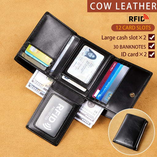 Vintage Oil Wax Layer Cowhide Men's Wallet, RFID Anti-theft Card Folding Genuine Leather Wallet, Large Capacity Multi-Card Credit Card Holder, Transparent ID Document Card Holder, 12 Bank Card Slots, 2 Transparent ID Document