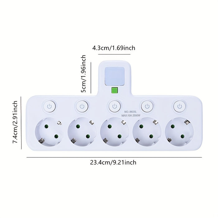 EU Plug Converter Socket with 5 Outlets, Multi-Port Wall Socket with Independent Switch and Small Night Light Adapter