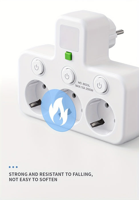 EU Plug Converter Socket with 5 Outlets, Multi-Port Wall Socket with Independent Switch and Small Night Light Adapter