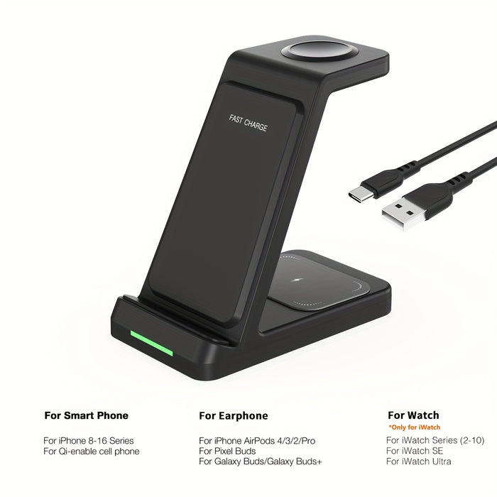 3-in-1 15W Fast Charging Station with Wireless Pad - Compatible with iPhone 16, 15, 14, 13, 12, 11, X, 8 Pro Max/Pro/Mini/Plus, iWatch Ultra10/9/8/7/6/5/4/3/2 SE, AirPods 4/3/2/Pro - Ideal for Business Gifts and Birthdays, Ai