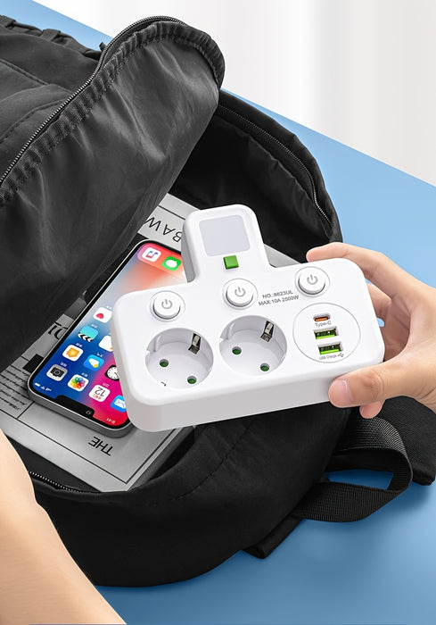 EU Plug Converter Socket with 5 Outlets, Multi-Port Wall Socket with Independent Switch and Small Night Light Adapter