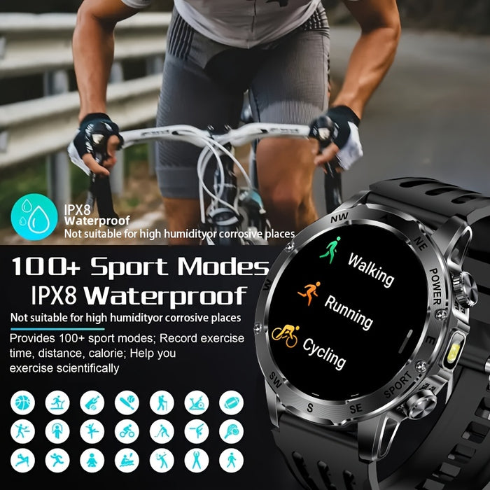 TKTKYY Men'S Outdoor Sports Smartwatch with 3.89cm HD Display, 800mAh Long Battery Life, Compass, 100+ Sports Modes, Flashlight, Wireless HD Calls, Pedometer, SMS Notifications - Compatible with for iphone & Android, Perfect