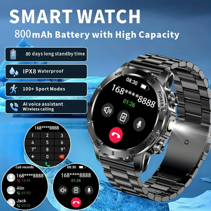TKTKYY Men'S Outdoor Sports Smartwatch with 3.89cm HD Display, 800mAh Long Battery Life, Compass, 100+ Sports Modes, Flashlight, Wireless HD Calls, Pedometer, SMS Notifications - Compatible with for iphone & Android, Perfect