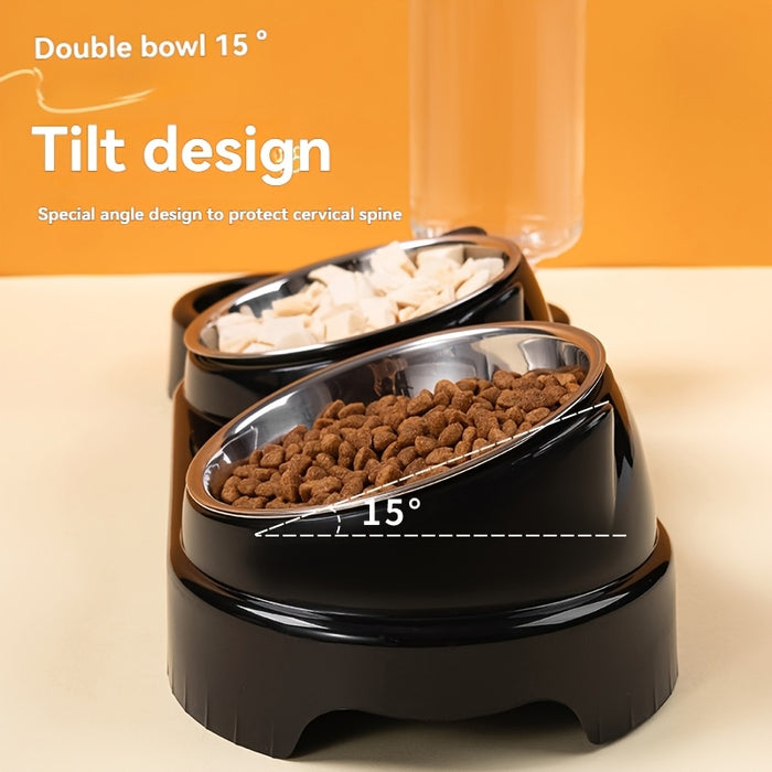 2-in-1 Pet Feeder and Water Dispenser, Stainless Steel & Plastic, Automatic Dual Bowl for Cats and Dogs, Easy Sloped Design, Durable Feeding Station