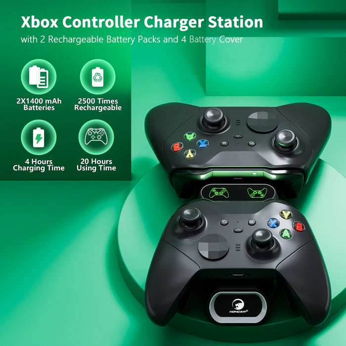 HONCAM Xbox Controller Charger - Dual Station with 2x1400mAh Rechargeable Batteries, Compatible with Xbox One/Series X|S Elite Controllers