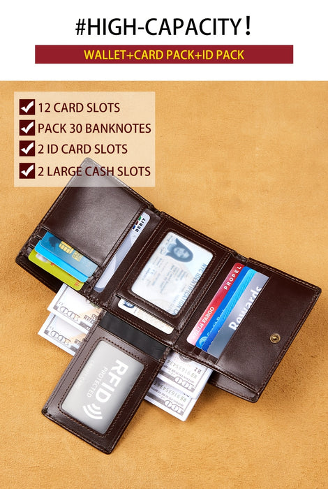Vintage Oil Wax Layer Cowhide Men's Wallet, RFID Anti-theft Card Folding Genuine Leather Wallet, Large Capacity Multi-Card Credit Card Holder, Transparent ID Document Card Holder, 12 Bank Card Slots, 2 Transparent ID Document