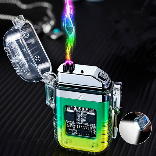 1pc USB Rechargeable Dual Arc Plasma Lighter with Flashlight - Portable Electronic Igniter for Outdoor Survival, Emergency & Exploration, Transparent Green & Yellow Design, Perfect Gift for Men and Women