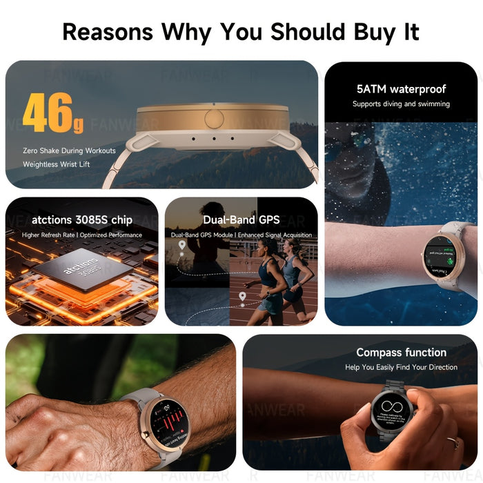 Fanwear 2025 New GPS smart watch, Men's Women's outdoor sports GPS smart watch, built-in dual-frequency GPS, built-in high-end chip: atctions 3085S compass altitude pressure 5ATM High Quality swimming, automatic recognition o