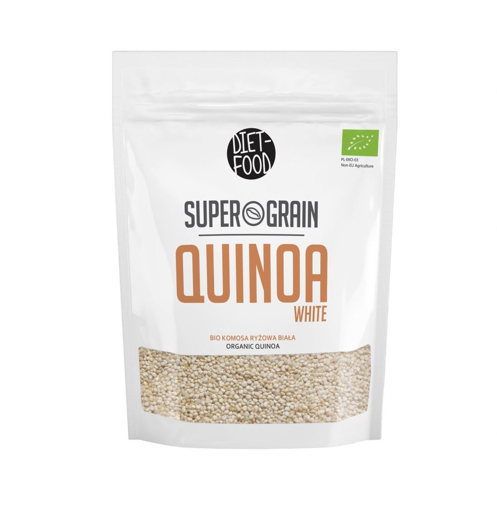 Organic white bio quinoa seeds in resealable pouch for healthy vegan diet