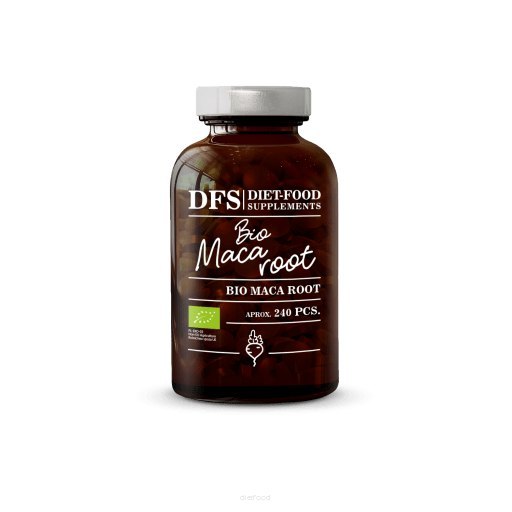 Bottle of DFS Diet Food Supplements BIO Maca root capsules with organic maca powder for health and vitality