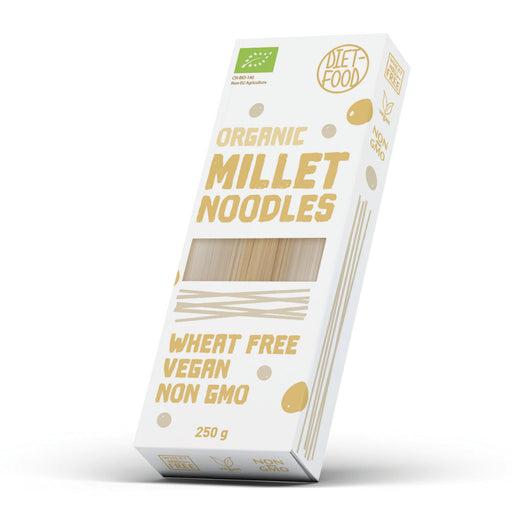 Package of organic bio millet pasta noodles, gluten-free, vegan, and non-GMO, 250g