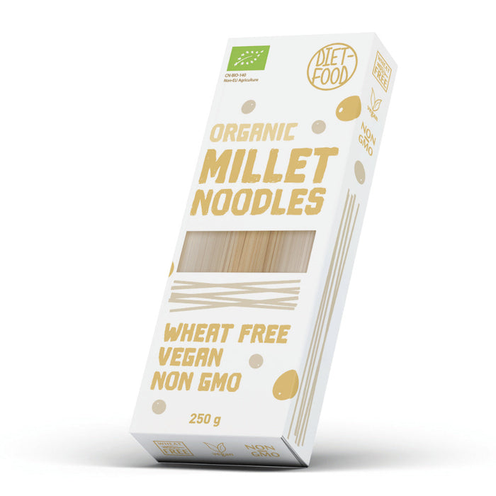 Package of organic bio millet pasta noodles, gluten-free, vegan, and non-GMO, 250g