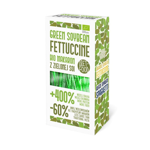 Box of Bio Green Soybean Noodle Fettuccine made from organic green soybean flour and water, gluten-free and vegan pasta.