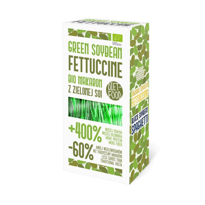 Box of Bio Green Soybean Noodle Fettuccine made from organic green soybean flour and water, gluten-free and vegan pasta.