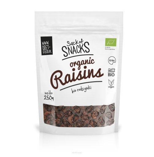 Organic bio sultana raisins in a 250g resealable white pouch, vegan and raw certified snack.