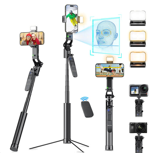 SmartRoto 360° face tracking tripod with remote control, adjustable selfie stick, three-color lighting modes, and wide compatibility for smartphones and cameras.