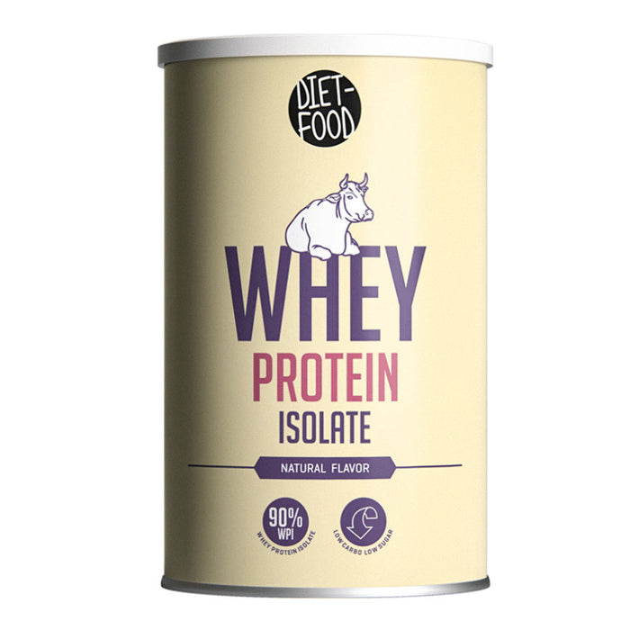 Whey protein isolate powder natural flavor in beige container with diet food branding