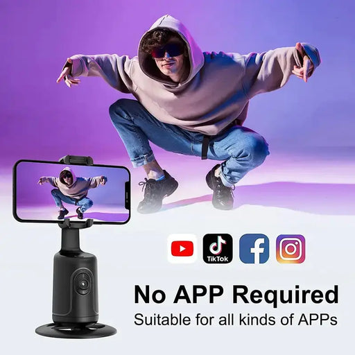 360° AI face tracking mobile phone bracket stabilizer capturing a person jumping, compatible with multiple social media apps, no app required