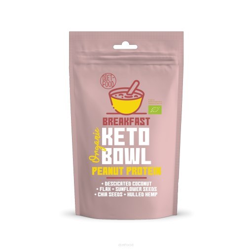 Organic Keto Bowl Bio Peanut Protein breakfast with coconut, flax, chia, sunflower seeds, and hemp in resealable pink pouch