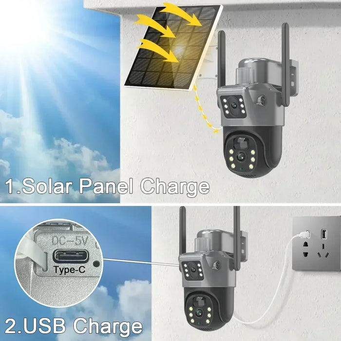 4K 8MP Dual Screen Solar Camera Free 256G memory card Outdoor Wireless WiFi PTZ Dual Lens Security Protection Auto Tracking CCTV