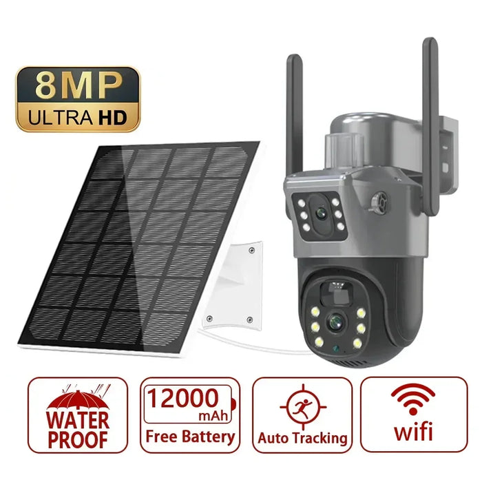 4K 8MP Dual Screen Solar Camera Free 256G memory card Outdoor Wireless WiFi PTZ Dual Lens Security Protection Auto Tracking CCTV