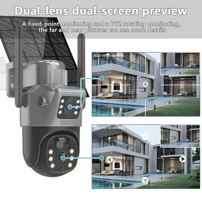 4K 8MP Dual Screen Solar Camera Free 256G memory card Outdoor Wireless WiFi PTZ Dual Lens Security Protection Auto Tracking CCTV