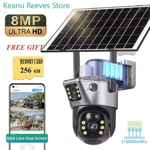 4K 8MP Dual Screen Solar Camera Free 256G memory card Outdoor Wireless WiFi PTZ Dual Lens Security Protection Auto Tracking CCTV