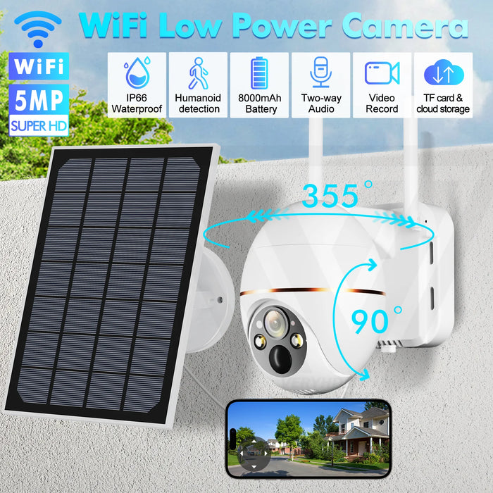 5MP Solar WIFI IP Camera 8000mAh Battery PTZ Surveillance Cameras Wireless PIR Human Tracking CCTV Outdoor HD Waterproof 5X Zoom