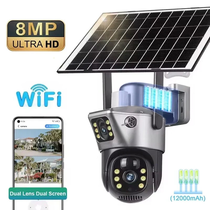 4K 8MP Dual Screen Solar Camera Free 256G memory card Outdoor Wireless WiFi PTZ Dual Lens Security Protection Auto Tracking CCTV