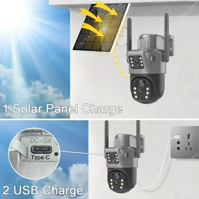 4K 8MP Dual Screen Solar Camera Free 256G memory card Outdoor Wireless WiFi PTZ Dual Lens Security Protection Auto Tracking CCTV