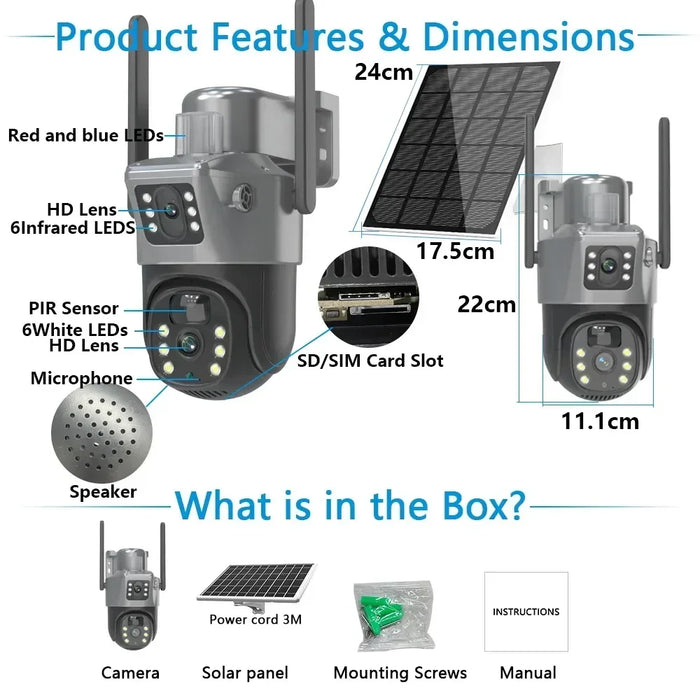 4K 8MP Dual Screen Solar Camera Free 256G memory card Outdoor Wireless WiFi PTZ Dual Lens Security Protection Auto Tracking CCTV