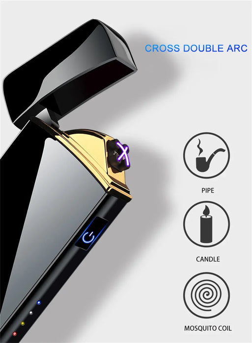 Hot Electric Windproof Metal Lighter Double Arc Flameless Plasma Rechargeable USB Lighter LED Power Display Touch Sensor Lighter